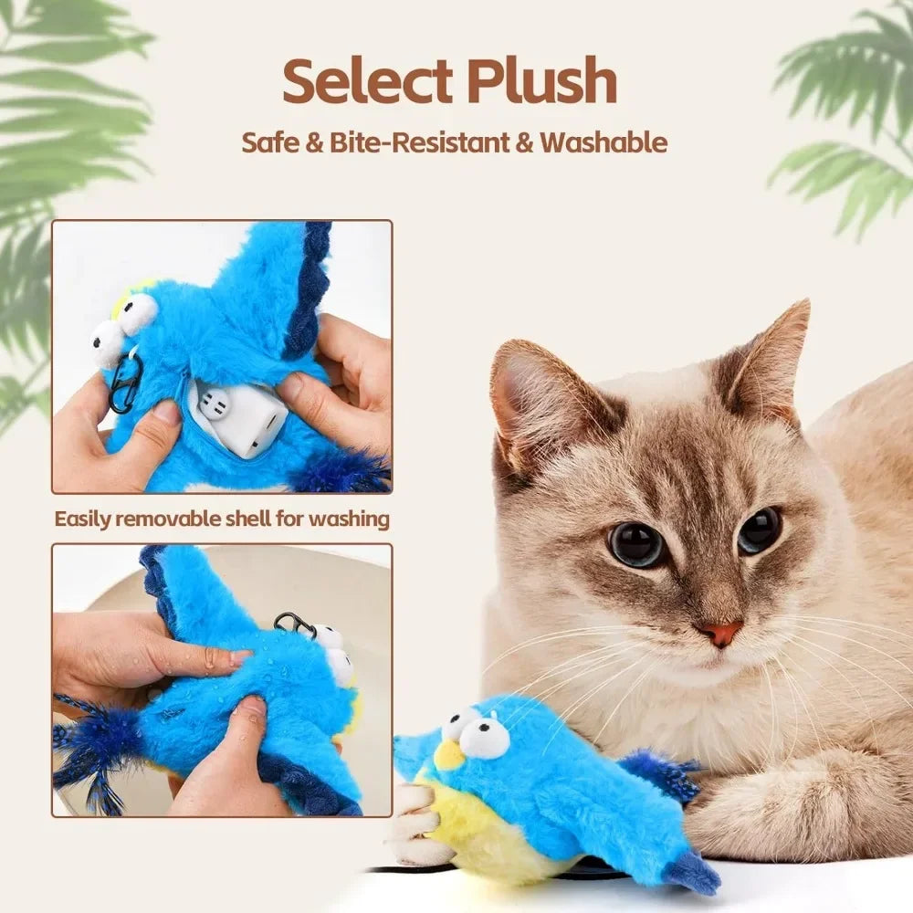 Interactive Cat Toys, Rechargeable Chirping Flapping Bird(no Flying) with Catnip for Indoor Cats, Touch Activated Plush Toys