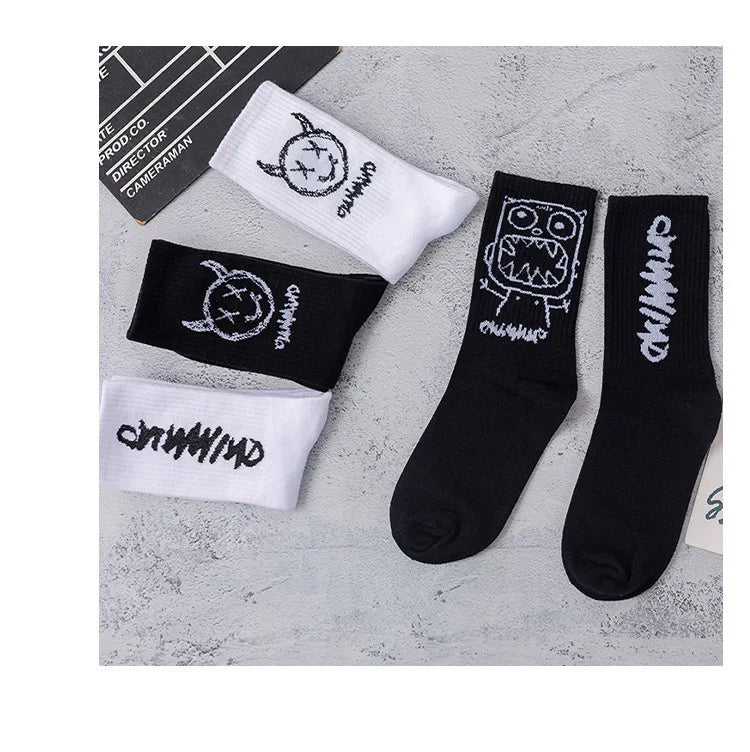 Men Women Socks Cotton Simplicity Anime Devil Grimace Harajuku Black White Graffiti Fashion Long Funny Hip Hop Sox Unisex medias
