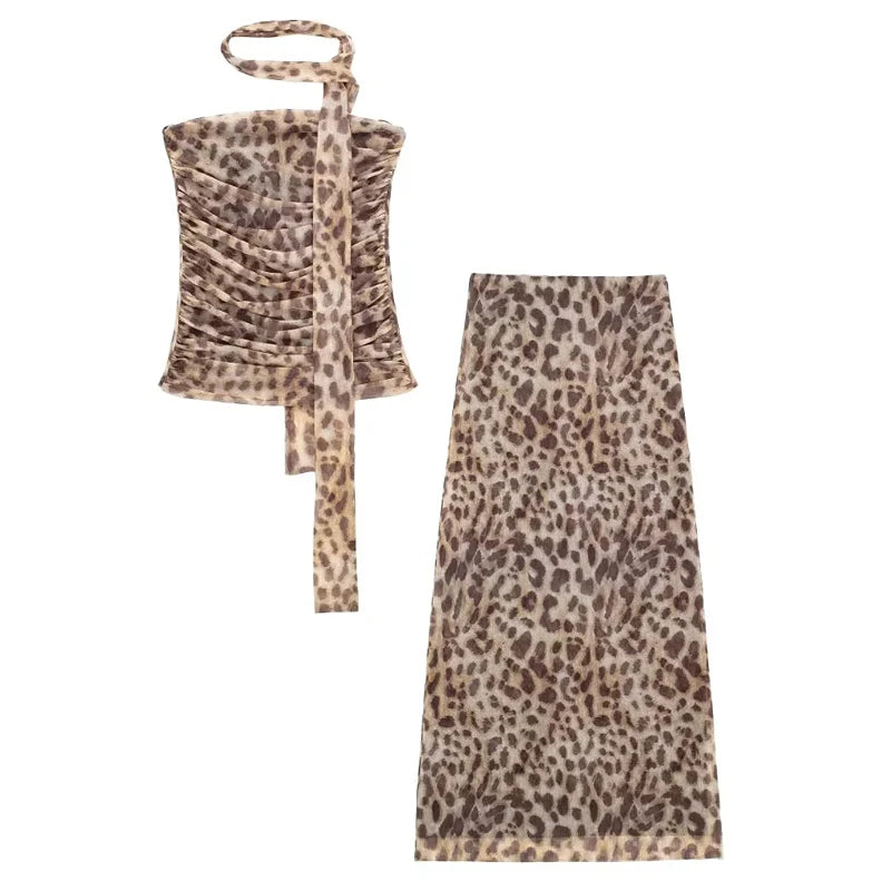 TRAF Leopard Mesh Tops Women Print Halter Top Woman Strapless Backless Top Sexy Lingerie Ladies Summer Top Off Shoulder Crop Top