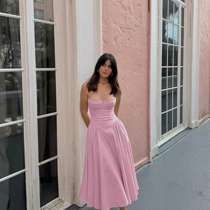 Mingmingxi Elegant Dress for Summer Pink Spaghetti Strap Midi Dress with Pocket Long Party Dresses Holiday Women Clothing