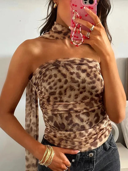TRAF Leopard Mesh Tops Women Print Halter Top Woman Strapless Backless Top Sexy Lingerie Ladies Summer Top Off Shoulder Crop Top