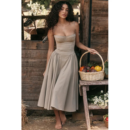 Mingmingxi Elegant Dress for Summer Pink Spaghetti Strap Midi Dress with Pocket Long Party Dresses Holiday Women Clothing