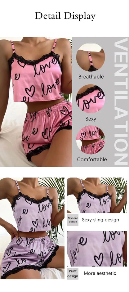 2 Pieces Set Women'S Pajama Shorts Suit Homewear Print Underwear Pijama Sexy Lingerie Camisoles Tanks Nighty Ladies Sleepwear