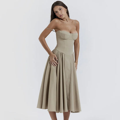 Mingmingxi Elegant Dress for Summer Pink Spaghetti Strap Midi Dress with Pocket Long Party Dresses Holiday Women Clothing