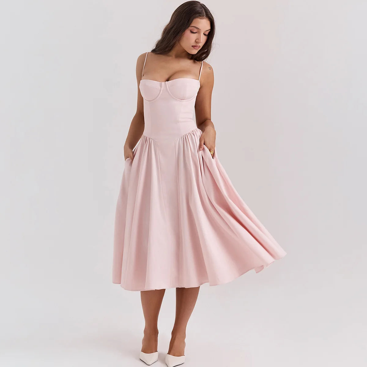 Mingmingxi Elegant Dress for Summer Pink Spaghetti Strap Midi Dress with Pocket Long Party Dresses Holiday Women Clothing
