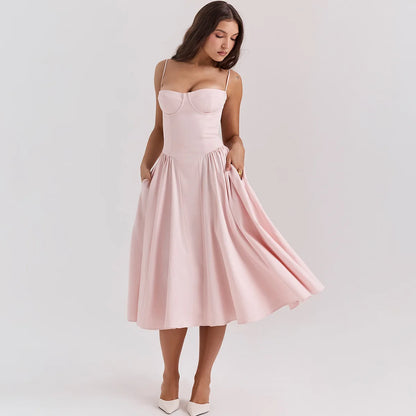Mingmingxi Elegant Dress for Summer Pink Spaghetti Strap Midi Dress with Pocket Long Party Dresses Holiday Women Clothing