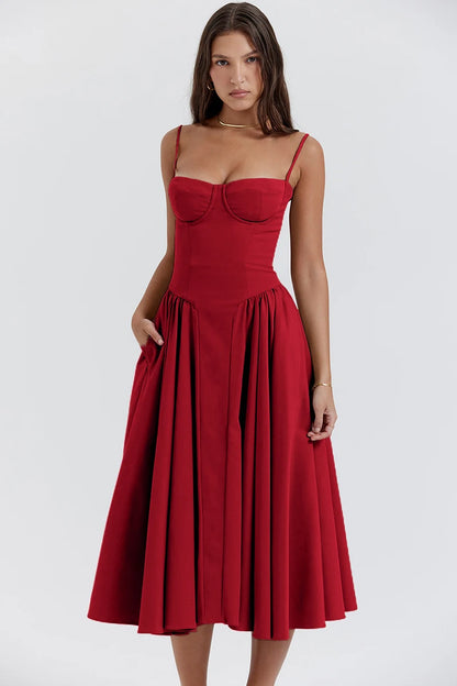 Elegant Spaghetti Strap Midi Dress Women Party Slim A Line Solid Suspender Lady Dresses New Spring Summer Fashion Sexy Vestidos
