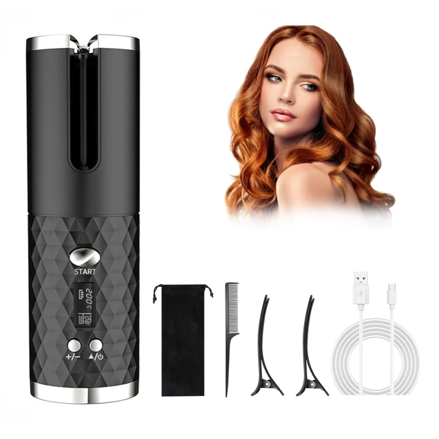 Cordless Auto Hair Curler, Curling Iron With LCD Display And Adjustable Temperature, Portable USB Rechargeable Hair Curler