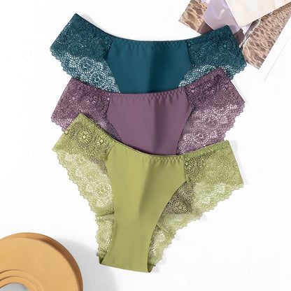 TrowBridge 3PCS/Set Sweet Women's Panties Silk Satin Underwear Lace Sexy Lingerie Girls Breathable Briefs Soft Comfortable Panty