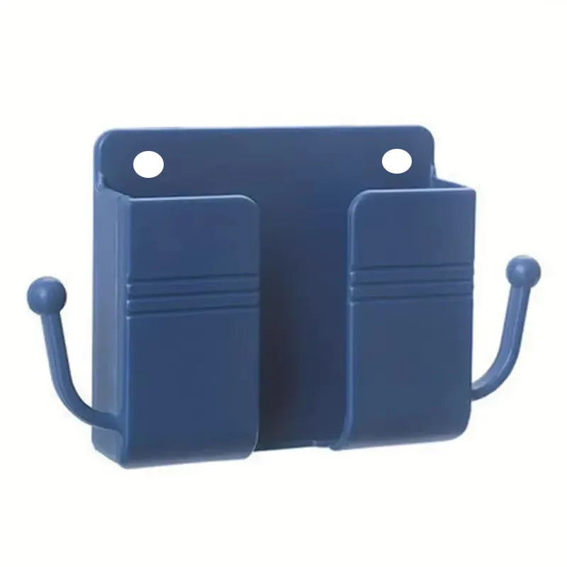 1pc Adhesive Wall Mount Phone Holder With Hooks, Storage Box For Mobile Phone Remote Control, Storage Box For Bedroom, Kitchen