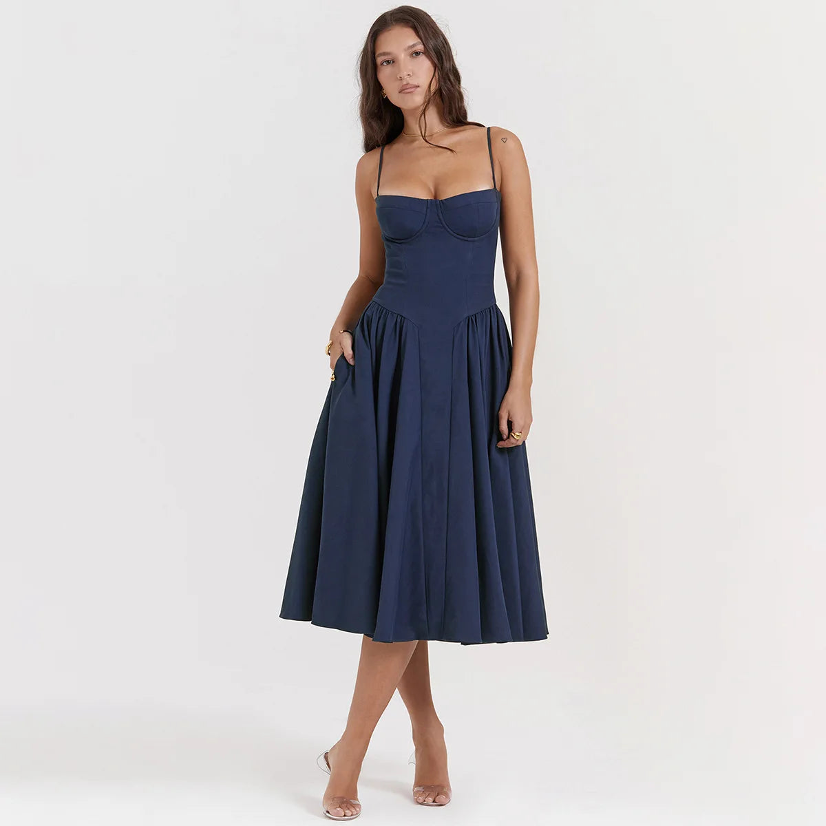 Mingmingxi Elegant Dress for Summer Pink Spaghetti Strap Midi Dress with Pocket Long Party Dresses Holiday Women Clothing