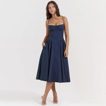 Mingmingxi Elegant Dress for Summer Pink Spaghetti Strap Midi Dress with Pocket Long Party Dresses Holiday Women Clothing