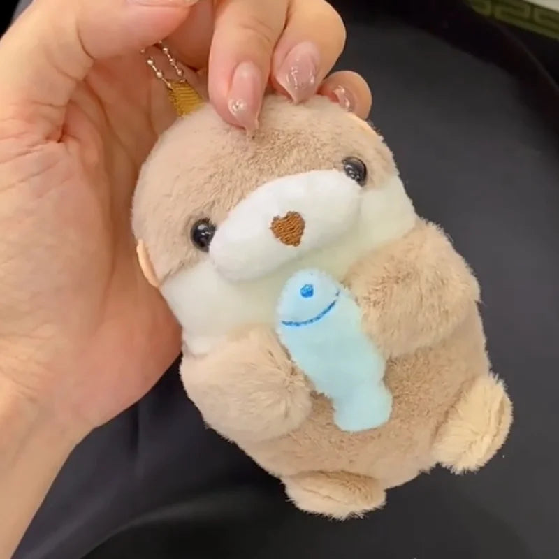 Japanese Kawaii Otters Holding Fish Plush Keyrings Lightweight Hanging Pendant Props For School Bag Key Wallet Toy Xmas Gifts