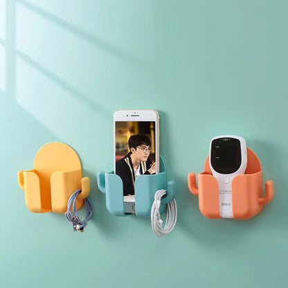 1pc Adhesive Wall Mount Phone Holder With Hooks, Storage Box For Mobile Phone Remote Control, Storage Box For Bedroom, Kitchen