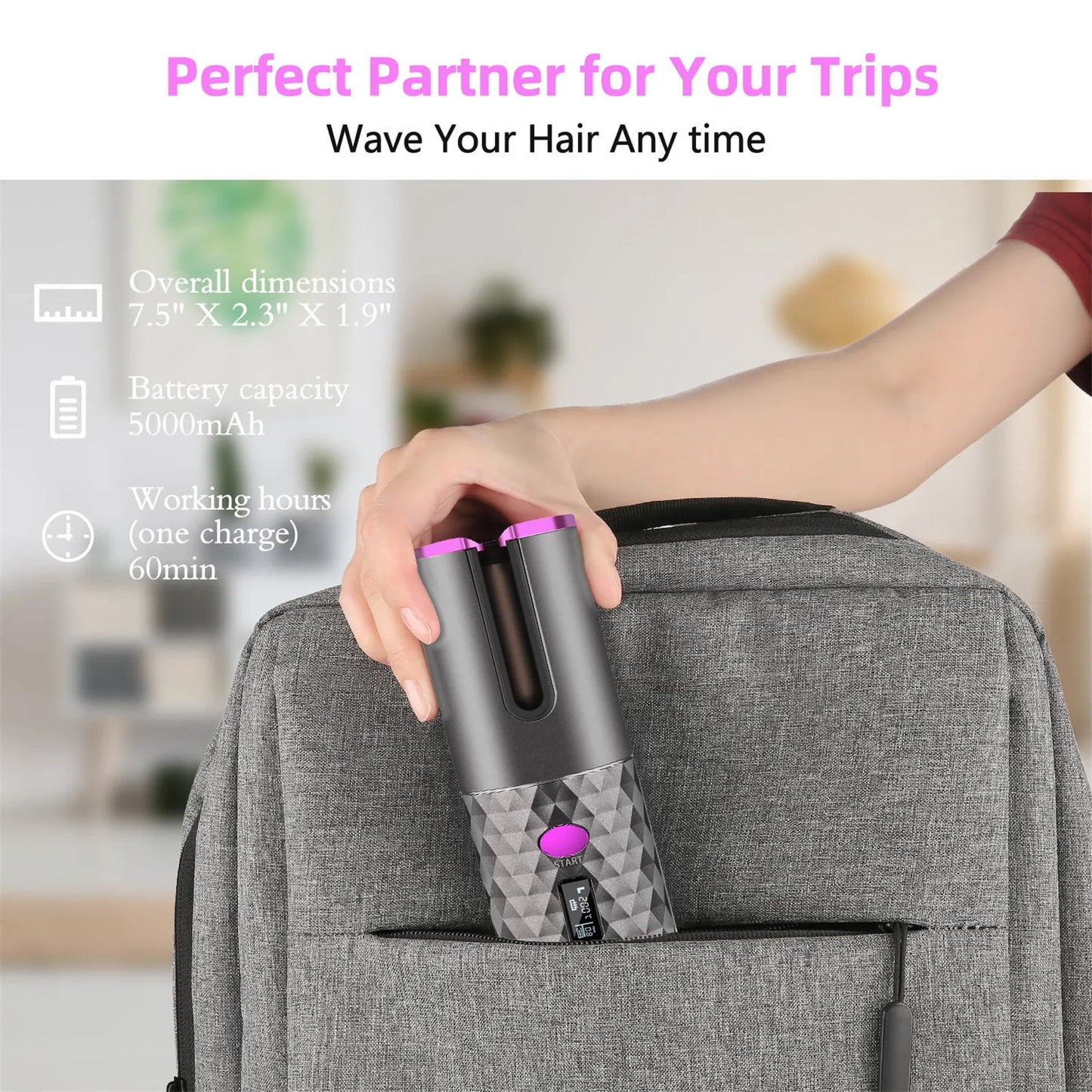 Cordless Auto Hair Curler, Curling Iron With LCD Display And Adjustable Temperature, Portable USB Rechargeable Hair Curler