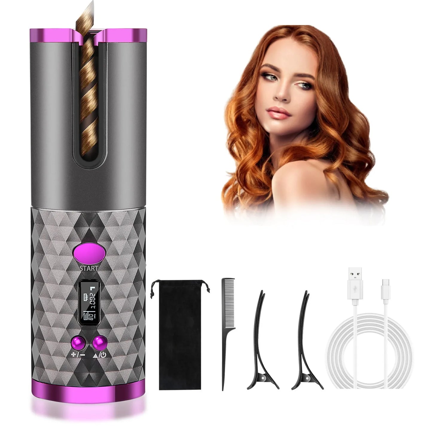 Cordless Auto Hair Curler, Curling Iron With LCD Display And Adjustable Temperature, Portable USB Rechargeable Hair Curler