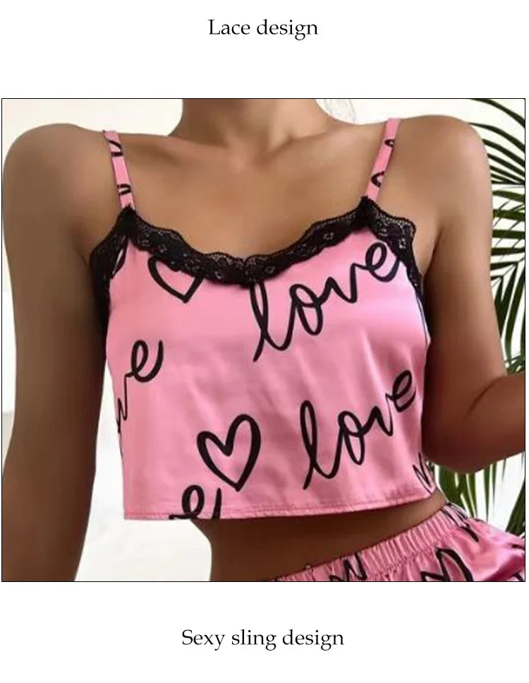 2 Pieces Set Women'S Pajama Shorts Suit Homewear Print Underwear Pijama Sexy Lingerie Camisoles Tanks Nighty Ladies Sleepwear