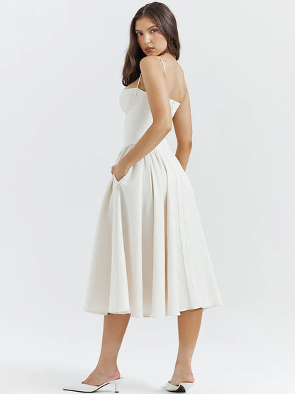 Mingmingxi Elegant Dress for Summer Pink Spaghetti Strap Midi Dress with Pocket Long Party Dresses Holiday Women Clothing