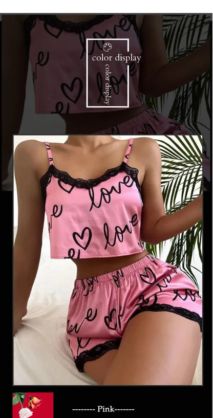2 Pieces Set Women'S Pajama Shorts Suit Homewear Print Underwear Pijama Sexy Lingerie Camisoles Tanks Nighty Ladies Sleepwear