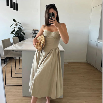 Mingmingxi Elegant Dress for Summer Pink Spaghetti Strap Midi Dress with Pocket Long Party Dresses Holiday Women Clothing
