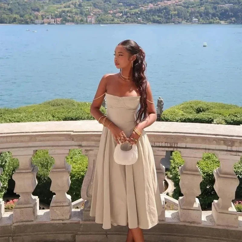 Elegant Wedding Events Corset Dress Sexy Strapless Pleated A-line Midi Party Dresses For Women Summer Female Clothing 2024