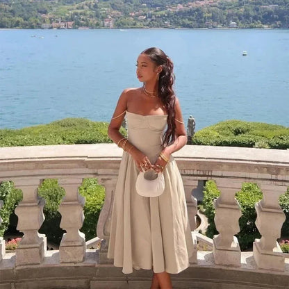 Elegant Wedding Events Corset Dress Sexy Strapless Pleated A-line Midi Party Dresses For Women Summer Female Clothing 2024