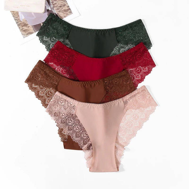 TrowBridge 3PCS/Set Sweet Women's Panties Silk Satin Underwear Lace Sexy Lingerie Girls Breathable Briefs Soft Comfortable Panty