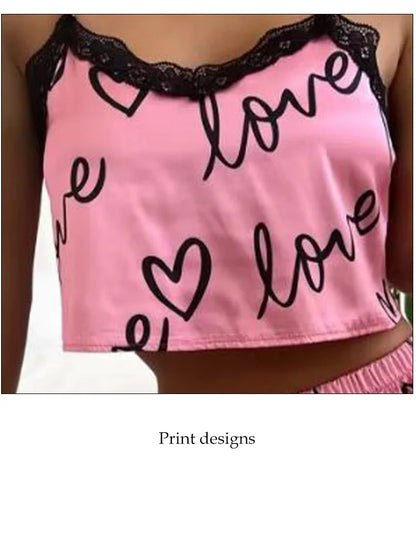 2 Pieces Set Women'S Pajama Shorts Suit Homewear Print Underwear Pijama Sexy Lingerie Camisoles Tanks Nighty Ladies Sleepwear