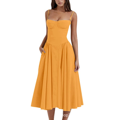 Elegant Spaghetti Strap Midi Dress Women Party Slim A Line Solid Suspender Lady Dresses New Spring Summer Fashion Sexy Vestidos