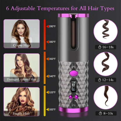 Cordless Auto Hair Curler, Curling Iron With LCD Display And Adjustable Temperature, Portable USB Rechargeable Hair Curler