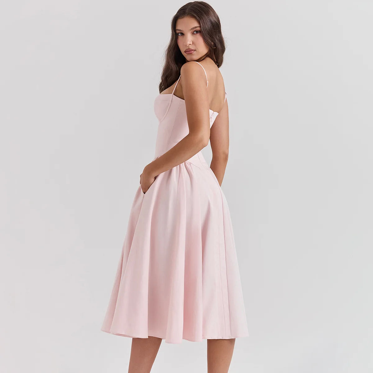 Mingmingxi Elegant Dress for Summer Pink Spaghetti Strap Midi Dress with Pocket Long Party Dresses Holiday Women Clothing