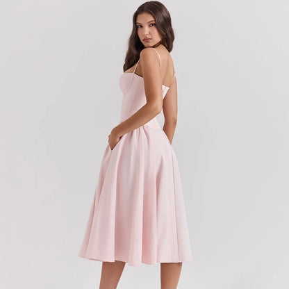 Mingmingxi Elegant Dress for Summer Pink Spaghetti Strap Midi Dress with Pocket Long Party Dresses Holiday Women Clothing