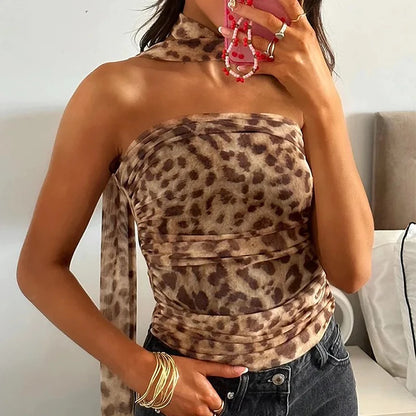 TRAF Leopard Mesh Tops Women Print Halter Top Woman Strapless Backless Top Sexy Lingerie Ladies Summer Top Off Shoulder Crop Top