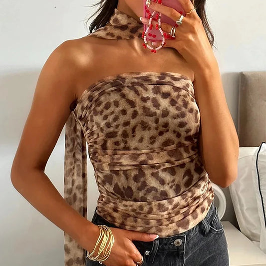 TRAF Leopard Mesh Tops Women Print Halter Top Woman Strapless Backless Top Sexy Lingerie Ladies Summer Top Off Shoulder Crop Top
