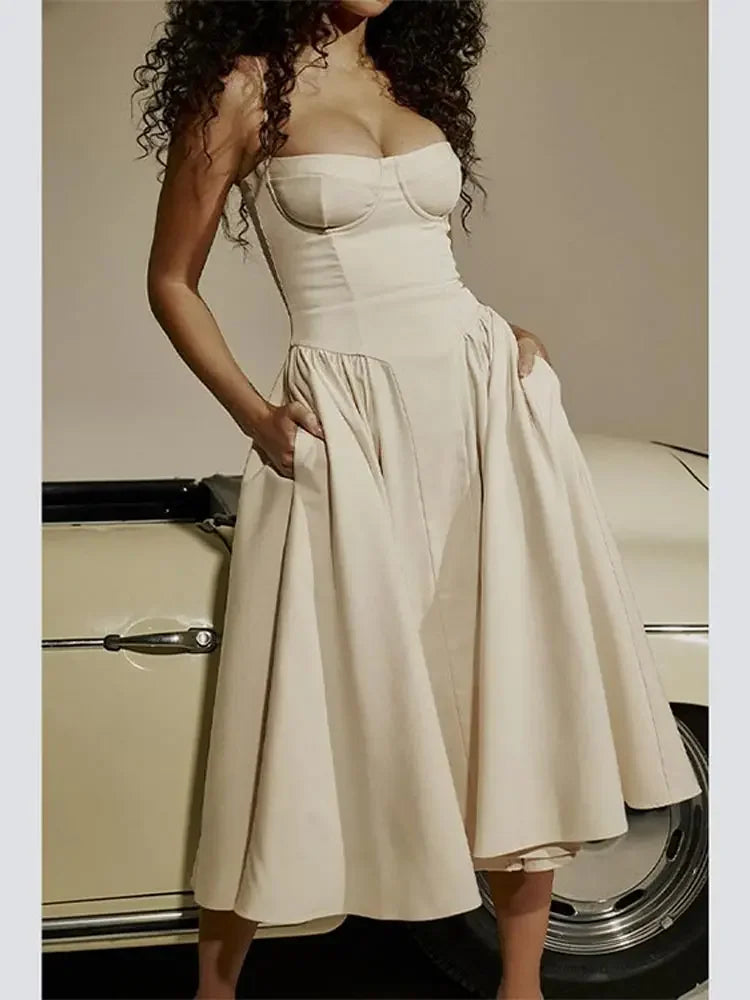 Elegant Wedding Events Corset Dress Sexy Strapless Pleated A-line Midi Party Dresses For Women Summer Female Clothing 2024