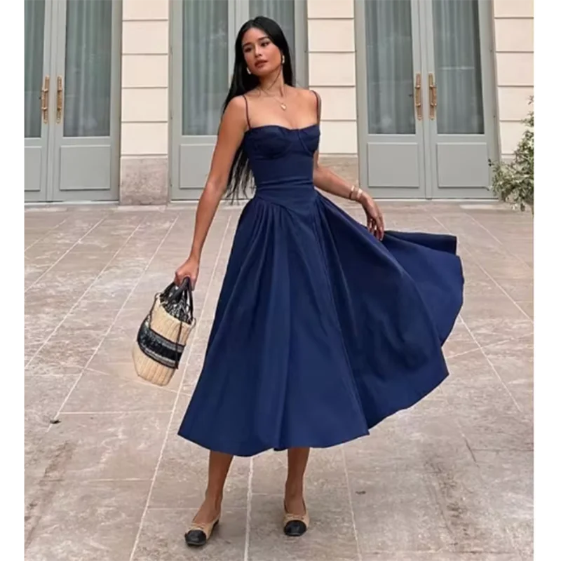 Elegant Spaghetti Strap Midi Dress Women Party Slim A Line Solid Suspender Lady Dresses New Spring Summer Fashion Sexy Vestidos