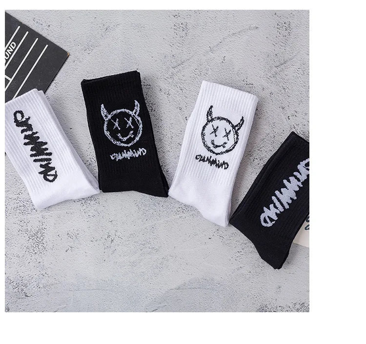 Men Women Socks Cotton Simplicity Anime Devil Grimace Harajuku Black White Graffiti Fashion Long Funny Hip Hop Sox Unisex medias