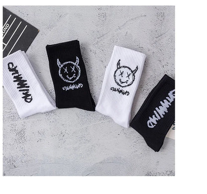 Men Women Socks Cotton Simplicity Anime Devil Grimace Harajuku Black White Graffiti Fashion Long Funny Hip Hop Sox Unisex medias