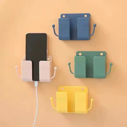 1pc Adhesive Wall Mount Phone Holder With Hooks, Storage Box For Mobile Phone Remote Control, Storage Box For Bedroom, Kitchen