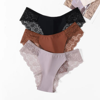 TrowBridge 3PCS/Set Sweet Women's Panties Silk Satin Underwear Lace Sexy Lingerie Girls Breathable Briefs Soft Comfortable Panty