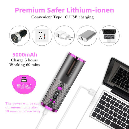 Cordless Auto Hair Curler, Curling Iron With LCD Display And Adjustable Temperature, Portable USB Rechargeable Hair Curler