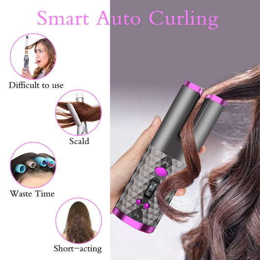 Cordless Auto Hair Curler, Curling Iron With LCD Display And Adjustable Temperature, Portable USB Rechargeable Hair Curler