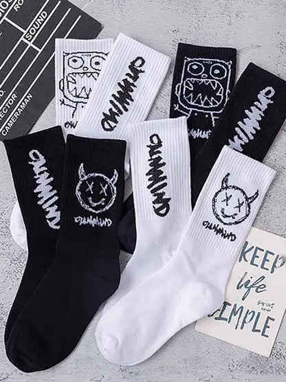 Men Women Socks Cotton Simplicity Anime Devil Grimace Harajuku Black White Graffiti Fashion Long Funny Hip Hop Sox Unisex medias