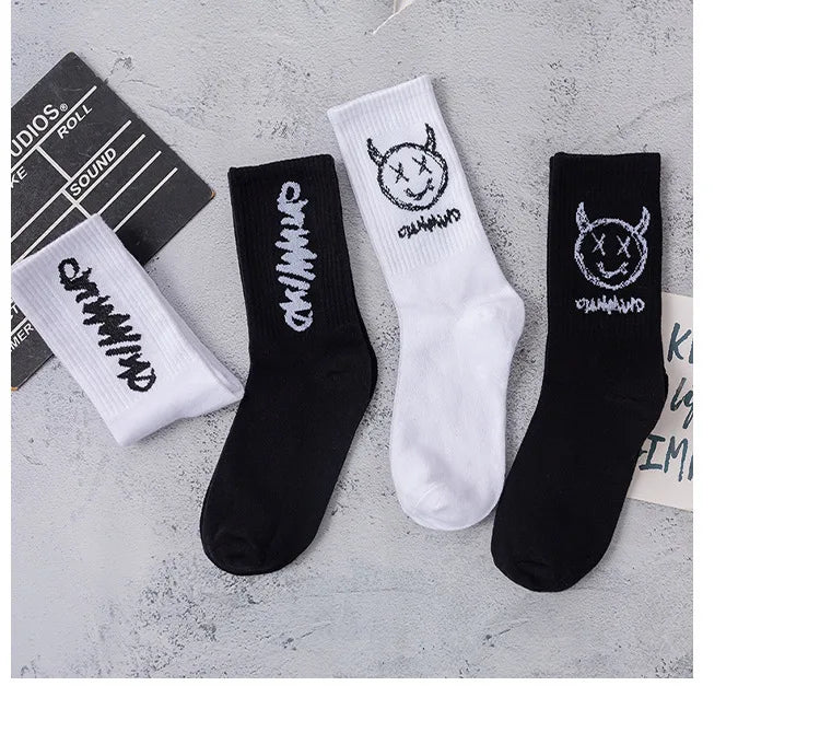 Men Women Socks Cotton Simplicity Anime Devil Grimace Harajuku Black White Graffiti Fashion Long Funny Hip Hop Sox Unisex medias