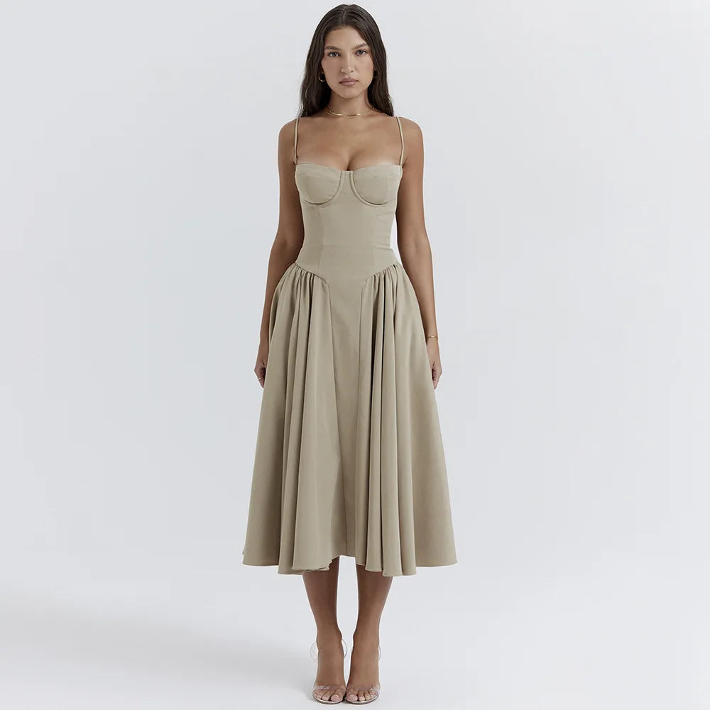 Mingmingxi Elegant Dress for Summer Pink Spaghetti Strap Midi Dress with Pocket Long Party Dresses Holiday Women Clothing