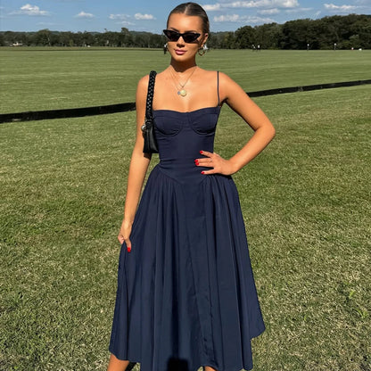 Mingmingxi Elegant Dress for Summer Pink Spaghetti Strap Midi Dress with Pocket Long Party Dresses Holiday Women Clothing