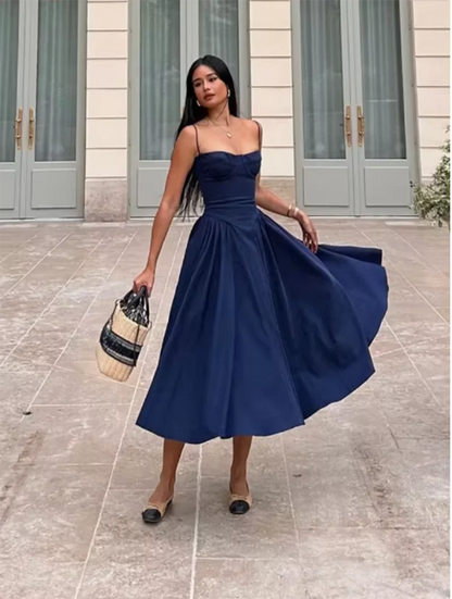 Elegant Spaghetti Strap Midi Dress Women Party Slim A Line Solid Suspender Lady Dresses New Spring Summer Fashion Sexy Vestidos
