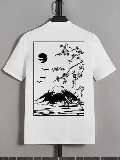 Tokyo Sakura Mount Fuji Business Card T Shirt Men Fashion Tee Clothing Cotton Summer Casual Tops Hip Hop Loose Cotton T-Shirt