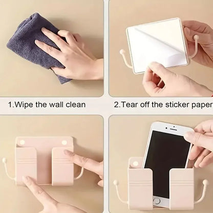 1pc Adhesive Wall Mount Phone Holder With Hooks, Storage Box For Mobile Phone Remote Control, Storage Box For Bedroom, Kitchen