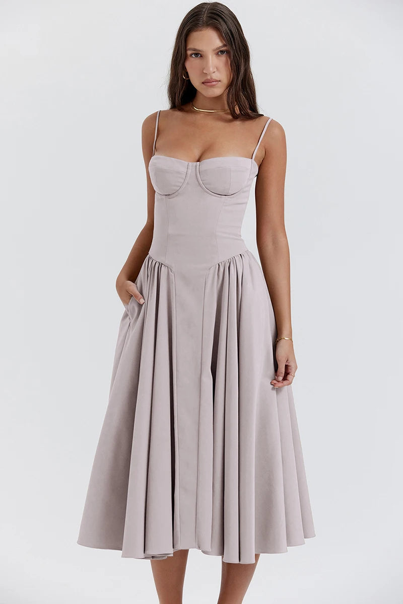 Elegant Spaghetti Strap Midi Dress Women Party Slim A Line Solid Suspender Lady Dresses New Spring Summer Fashion Sexy Vestidos